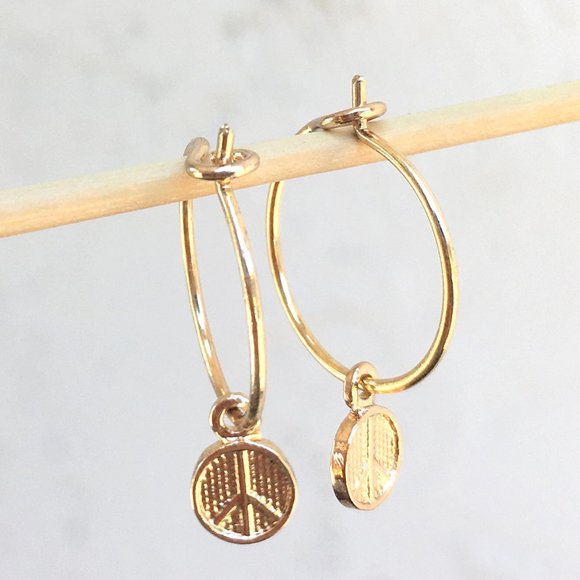 Dangle Peace Sign Small Hoop Earrings - Picture 1 of 4